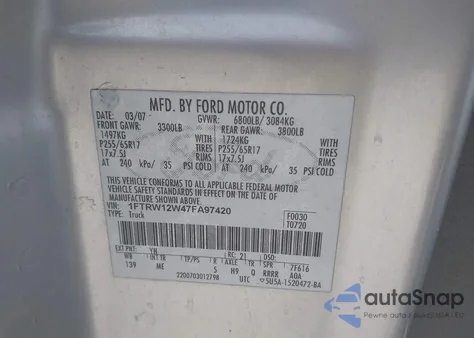 2007 Ford F-150 Xlt from USA, damaged, VIN 1FTRW12W47FA97420